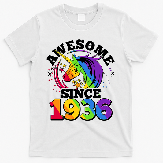 90th Birthday Rainbow Unicorn Awesome Since 1936 T-Shirt product image 1