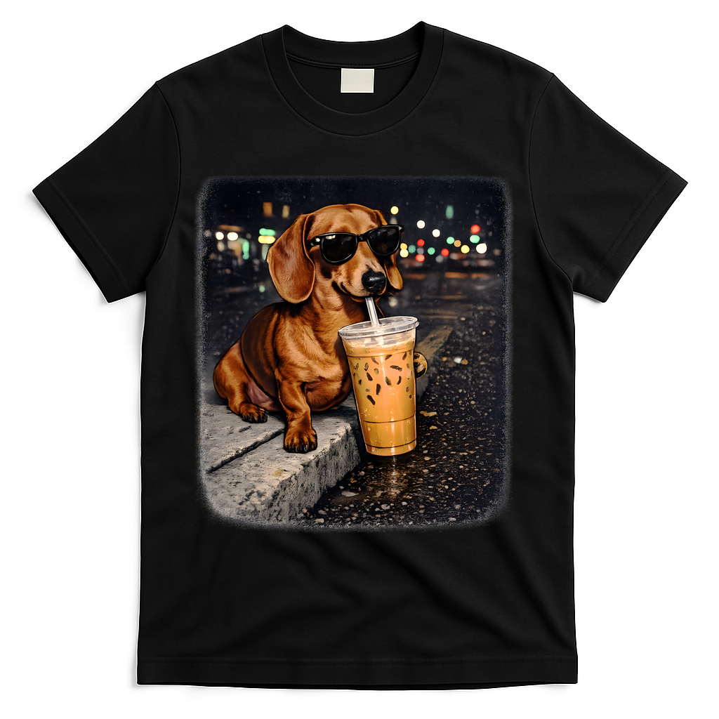 Funny Dachshund Drinking Iced Coffee T-Shirt product image 2