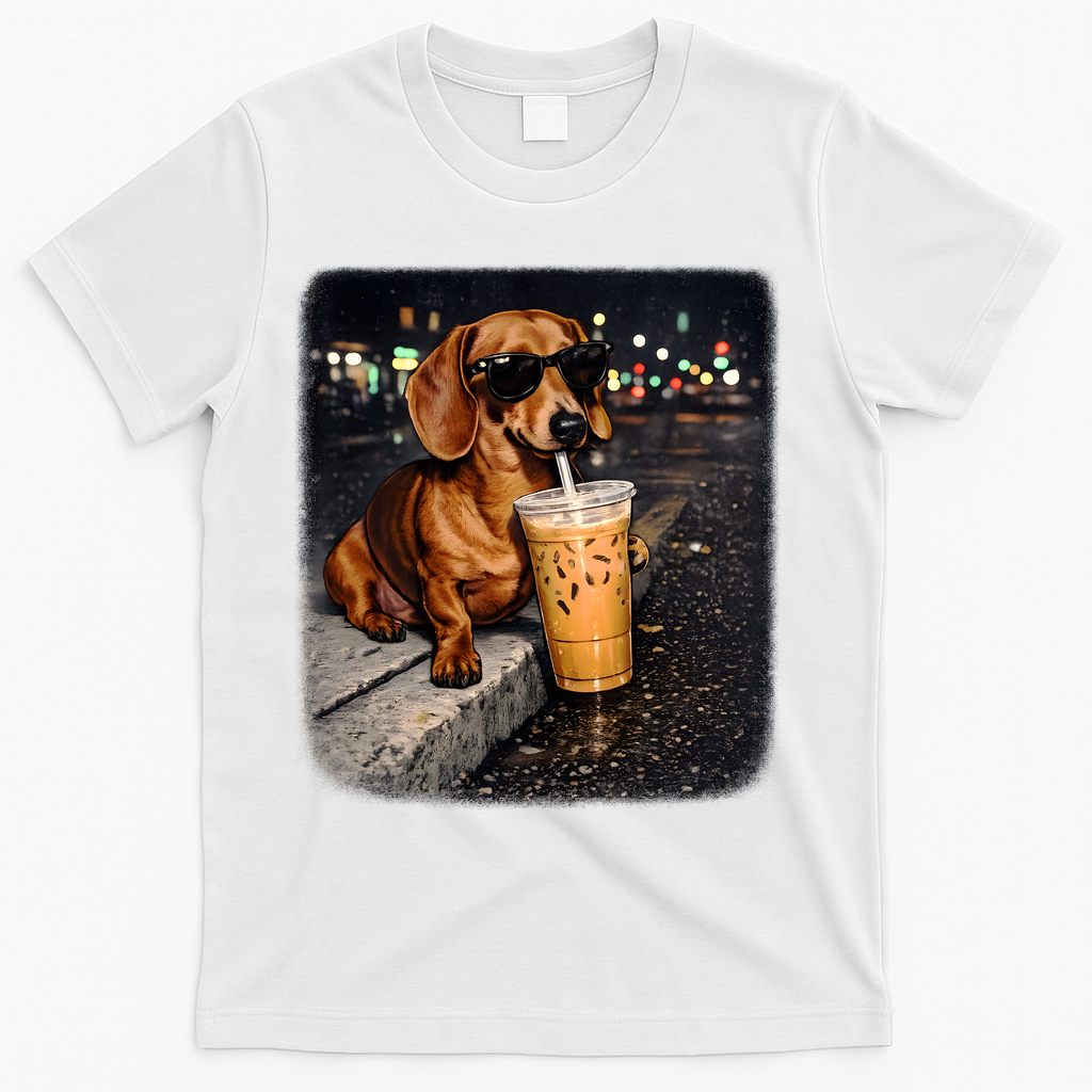 Funny Dachshund Drinking Iced Coffee T-Shirt product image 1