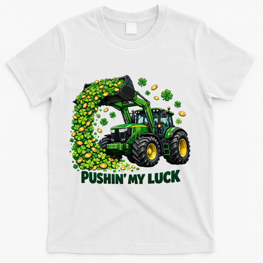 Funny St Patrick's Day Pushing My Luck Tractor T-Shirt product image 1