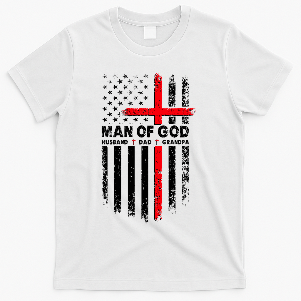 Man Of God Husband Dad Grandpa USA American Flag Cross product image 1