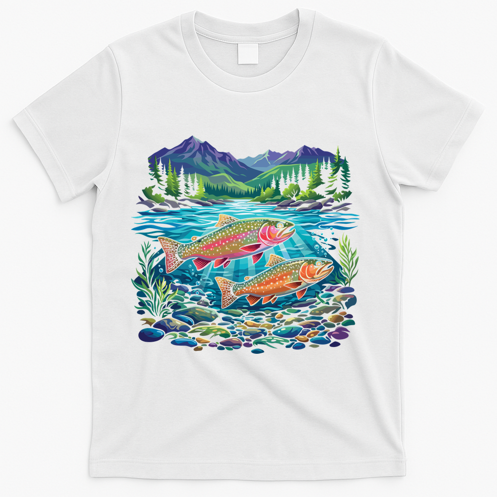 Retro Trout 90s Fishing Mountain River T-Shirt product image 1