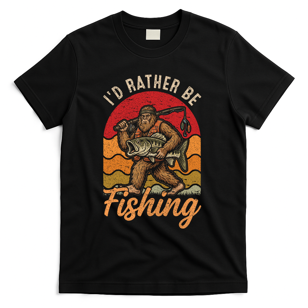 Sasquatch Bigfoot I'd Rather Be Fishing T-Shirt product image 2