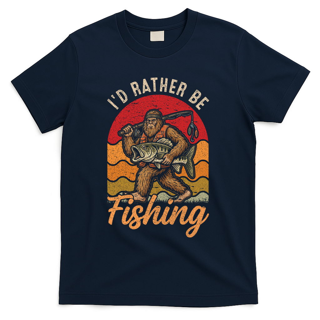 Sasquatch Bigfoot I'd Rather Be Fishing T-Shirt product image 3